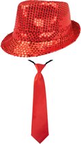 Toppers in concert - Carnaval verkleed set - hoedje en stropdas - rood - volwassenen - glitters