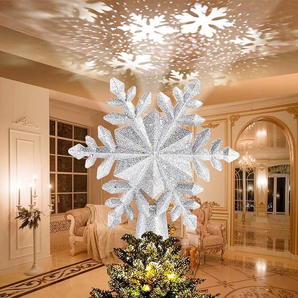 Kerstboomtop met sneeuwvlokprojector, kerstboomtopper projectorlicht, kerstversiering voor kerstboom en interieur zilver