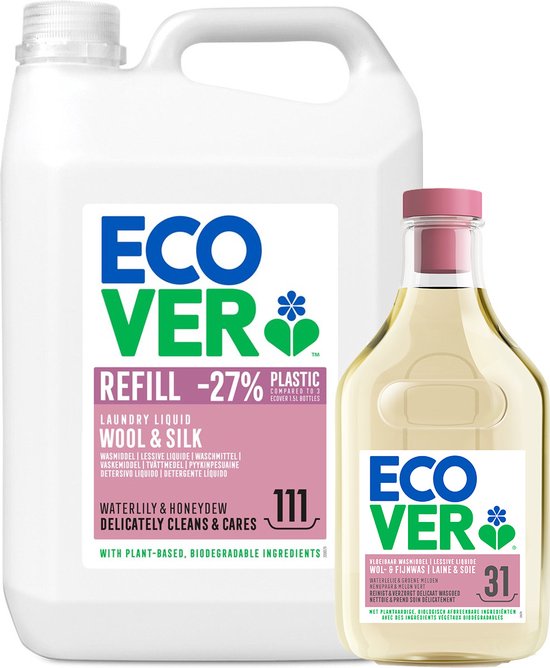 Ecover Wasmiddel Voordeelverpakking Wolwas & Fijnwas 5L + 1,43L Gratis - 142 Wasbeurten | Verzorgt Delicaat Wasgoed