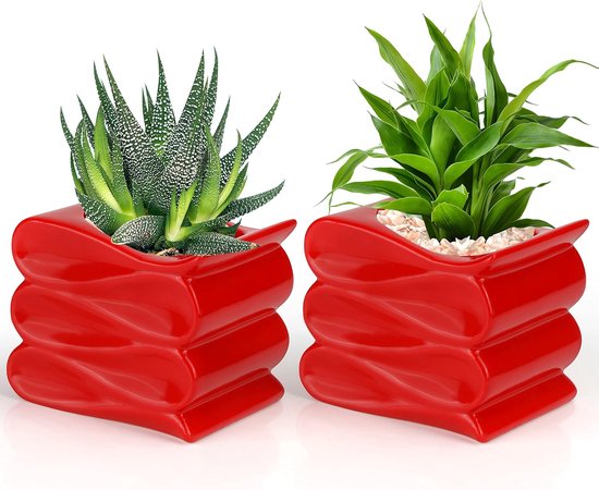 2 pièces pot de fleur en céramique rouge 10 cm petit pot de fleur en céramique design moderne pots de fleurs en argile pour plantes grasses avec trous pour plantes, cactus et herbes d'intérieur et d'extérieur