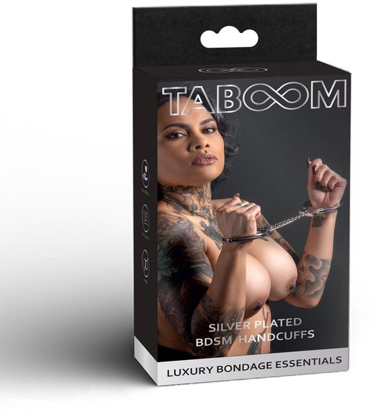 Doos met 'Taboom' logo, getoond met een getatoeëerde vrouw met handboeien.