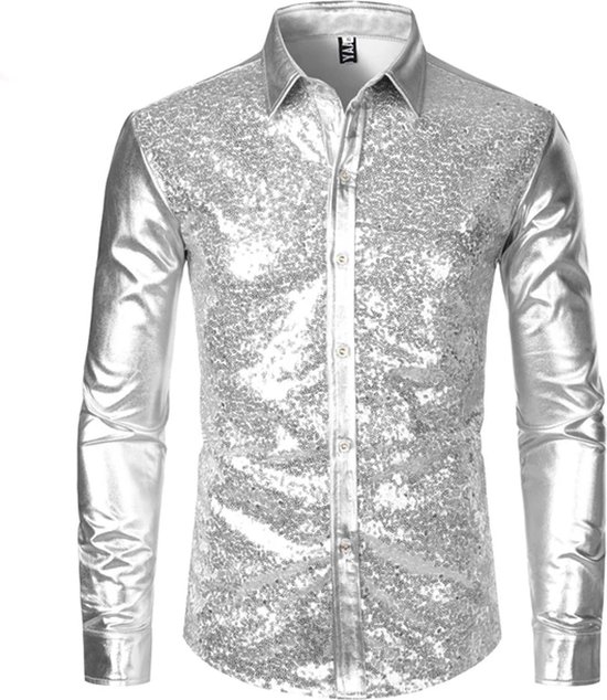 Sprankelende glitter Party Blouse - Stijlvol - Feest - Overhemd - Knoopjes - Zilver - Leuke outfit - Voor hem - Mannen