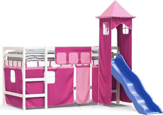 vidaXL - Kinderhoogslaper - met - toren - 90x200 - cm - massief - grenenhout - roze