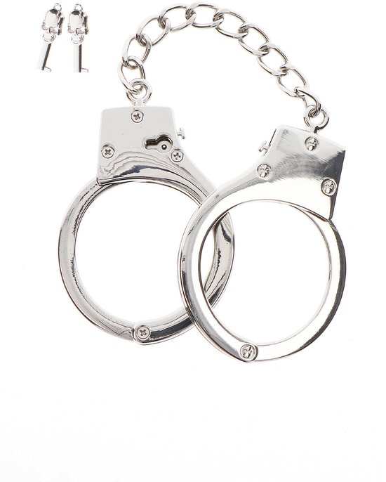 Zilverkleurige handboeien met schakelketting en twee sleutels met schedeldesign.