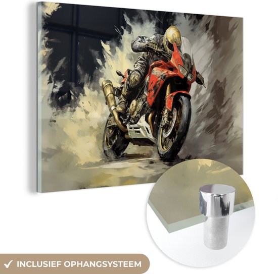 MuchoWow® Glasschilderij 150x100 cm - Schilderij glas - Motor - Bike - Racer - Rood - Goud - Zwart - Graffiti - Helm - Foto op acrylglas - Schilderijen