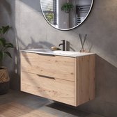 Ensemble de meubles de salle de bain Saqu Lima avec lavabo en céramique 101x46cm chêne naturel avec poignée noir mat