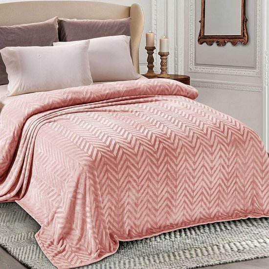 Knuffeldeken/sprei/woondeken met chevron patroon - superzachte en behaaglijke flanellen deken, 220x240 cm roze