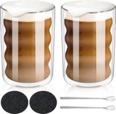 Latte macchiato-glazen, 2-delige set, dubbelwandige glazen, 350 ml, thermoglas van borosilicaatglas, spiraalvormig, espressokopjes, koffiemokken, drinkglazen, capuccino-kopjes, ijsbekerglas, 2 lepels