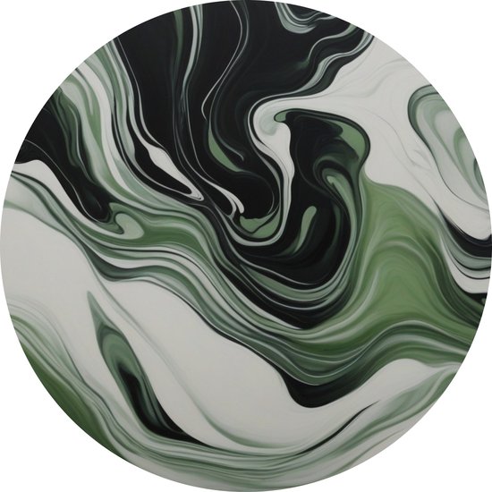 Abstract schilderij groen zwart wit 60x60 cm - Dibond - Unieke kunst - Ronde schilderijen abstract - Wanddecoratie abstract - Muurdecoratie rond woonkamer - Slaapkamer schilderij