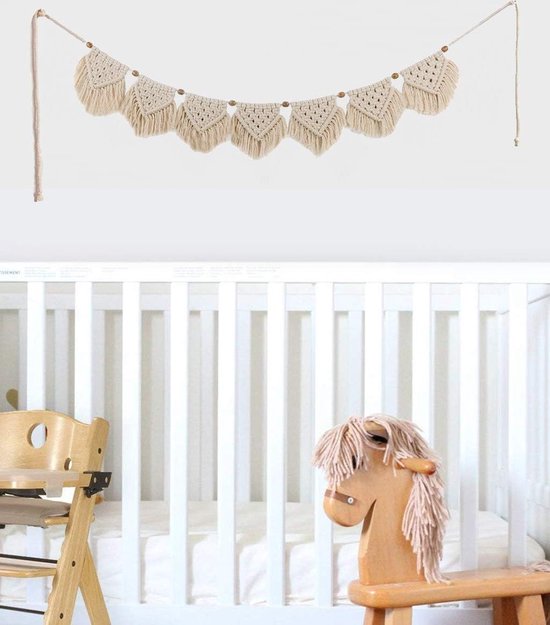 Macramé wandbehang, decoratie voor uw kamer, Boheemse wanddecoratie, wandtapijt, katoen, handgemaakt textiel, franjesslinger, banner en beige deurgordijn, 15 x 95 cm, 7 vlaggen met korte kwasten