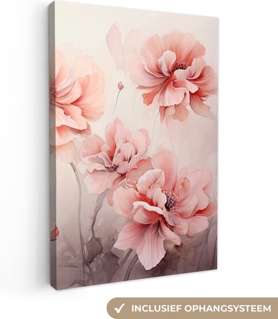 Canvas Schilderij Bloemen - Roze - Kunst - Abstract - Aquarel - Wanddecoratie