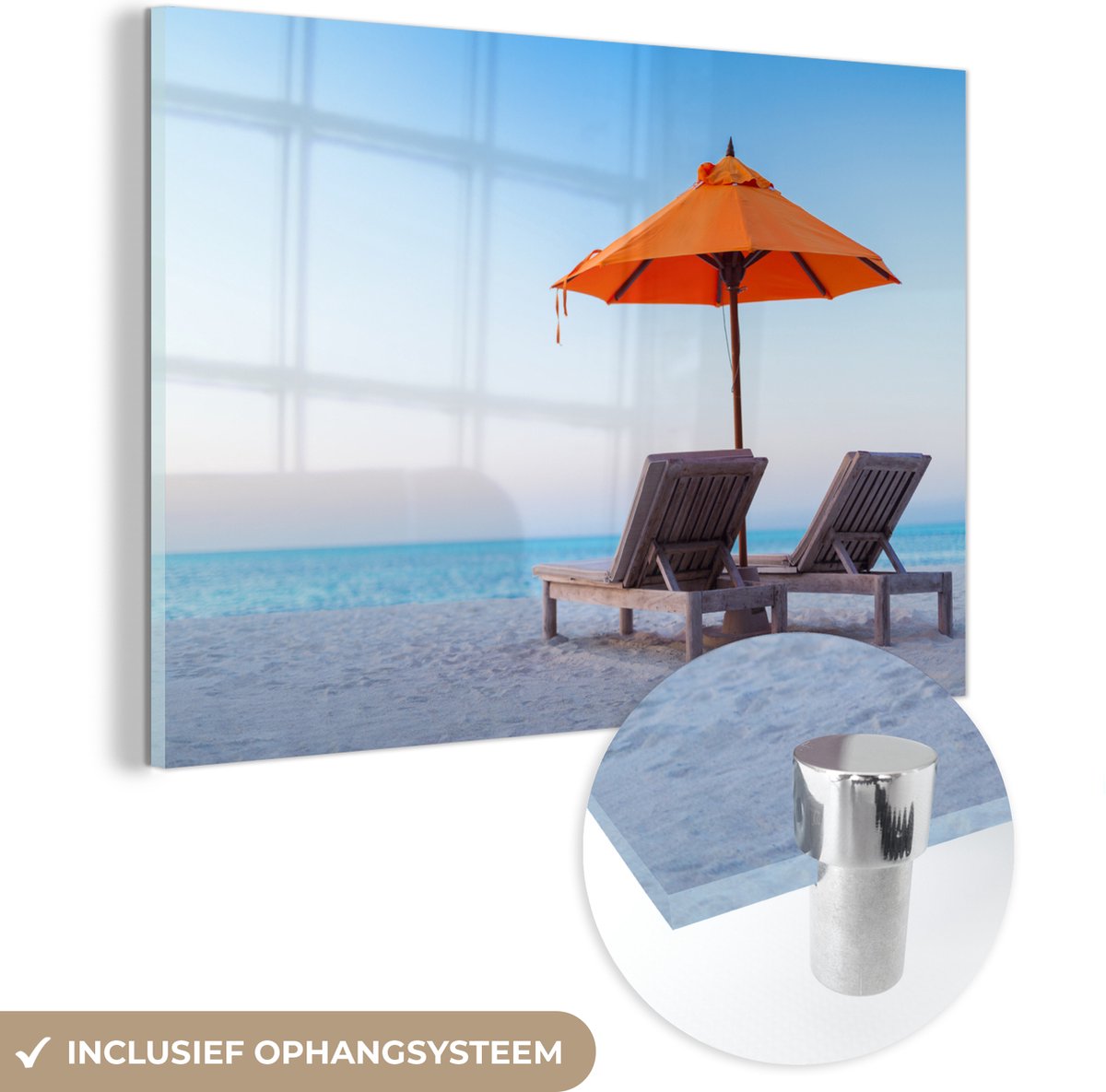 ® Glasschilderij 120x80 cm - Schilderij acrylglas - Zee - Parasol - Oranje - Foto op glas