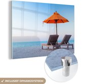 MuchoWow® Glasschilderij 120x80 cm - Schilderij acrylglas - Zee - Parasol - Oranje - Foto op glas - Schilderijen