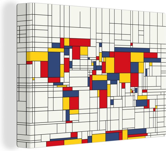 Canvas Wereldkaart - 40x30 - Wanddecoratie Wereldkaart - Mondriaan - Kleuren