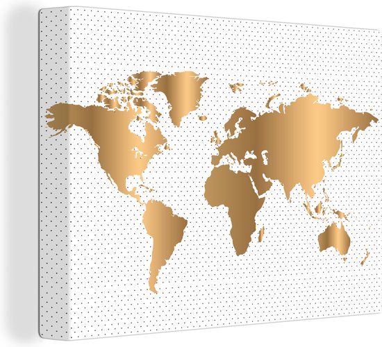 Canvas Wereldkaart - 80x60 - Wanddecoratie Wereldkaart - Stippen - Goud
