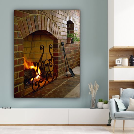 Feu dans une cheminée 120x160 cm - Tirage photo sur toile (Décoration murale salon / chambre) XXL / Grand format!