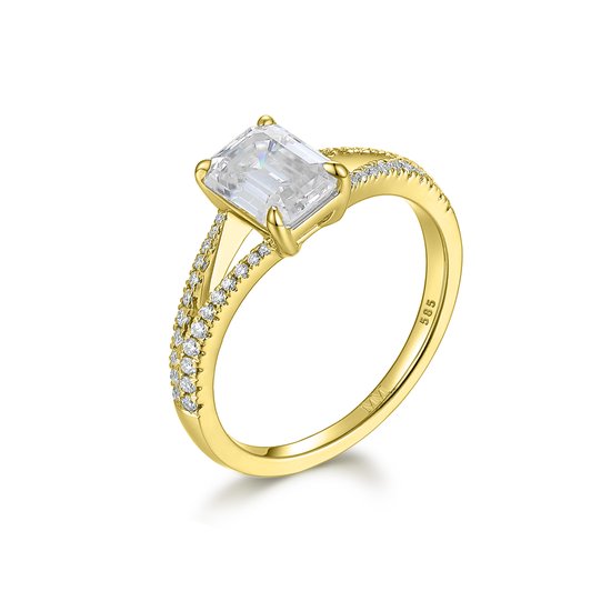 Emelise - 18k Geelgouden Smaragd Geslepen Moissanite Ring met Split- 18k GeelgoudenShank en Zijstenen - 1 karaat