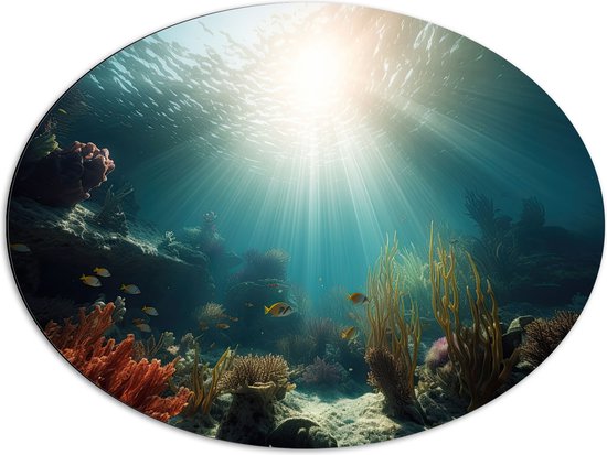 Dibond Ovaal - Zee - Onderwater - Zon - Vissen - Koraal - 80x60 cm Foto op Ovaal (Met Ophangsysteem)