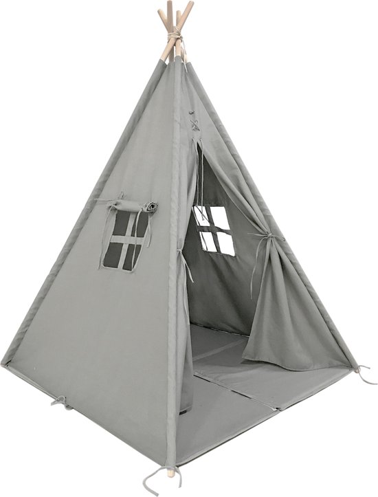 Sunny Alba Tipi Tent Grijs voor kinderen - Wigwam Speeltent met ramen van katoen - Tipi tent kinderen met Kussen kleed - 120x120x160cm - Stokken van FSC hout van Atmosphera — afbeelding 2