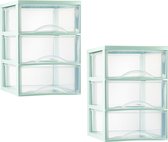 Caisson à tiroirs/organiseur de bureau Plasticforte - 2x - 3 tiroirs - transparent/vert menthe - L26 x L36 x H37 cm