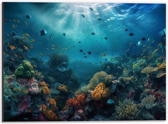 Dibond - Oceaan - Zee - Dieren - Vissen - Koraal - Kleuren - 40x30 cm Foto op Aluminium (Wanddecoratie van metaal)