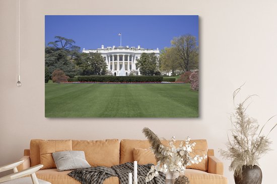 Canvas schilderij 150x100 cm - Wanddecoratie Witte Huis gazon Washington DC - Muurdecoratie woonkamer - Slaapkamer decoratie - Kamer accessoires - Schilderijen op canvas
