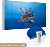 MuchoWow® Glasschilderij 80x40 cm - Schilderij acrylglas - Haai met vissen - Foto op glas - Schilderijen