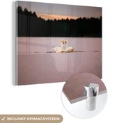 MuchoWow® Glasschilderij 160x120 cm - Schilderij acrylglas - Zwanen - Water - Bomen - Foto op glas - Schilderijen
