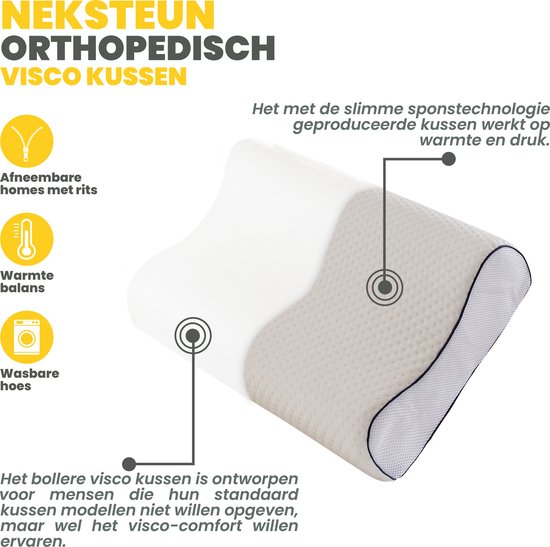 Diagram van een traagschuim neksteunkussen, met nadruk op afneembare hoes, warmtebalans en wasbare hoes.