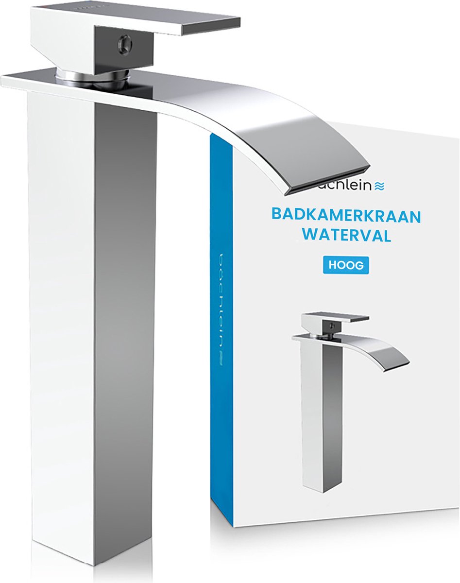 Bächlein Waterkraan hoog voor de badkamer in watervalontwerp, extra hoge éénhendelmengkraan met montageset voor opzetwastafel, badkamerkraan chroom