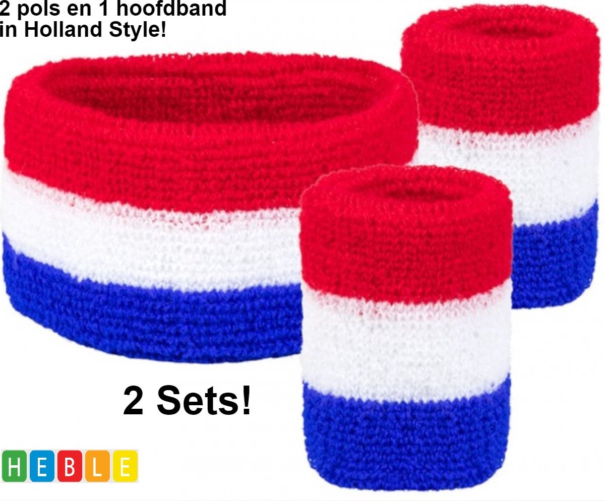 *** 2x 3-delige Nederlandse Zweetbandjes-2 sets - Holland Sport Hoofdband voor WK, EK en Festivals - van Heble® ***