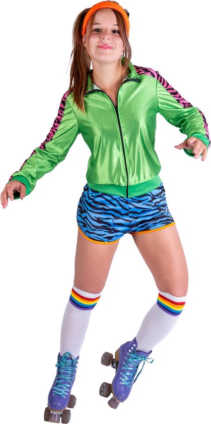 Funny Fashion - Jaren 80 & 90 Kostuum - Miss Rollerskate - Vrouw - Blauw, Groen - Maat 36-38 - Carnavalskleding - Verkleedkleding