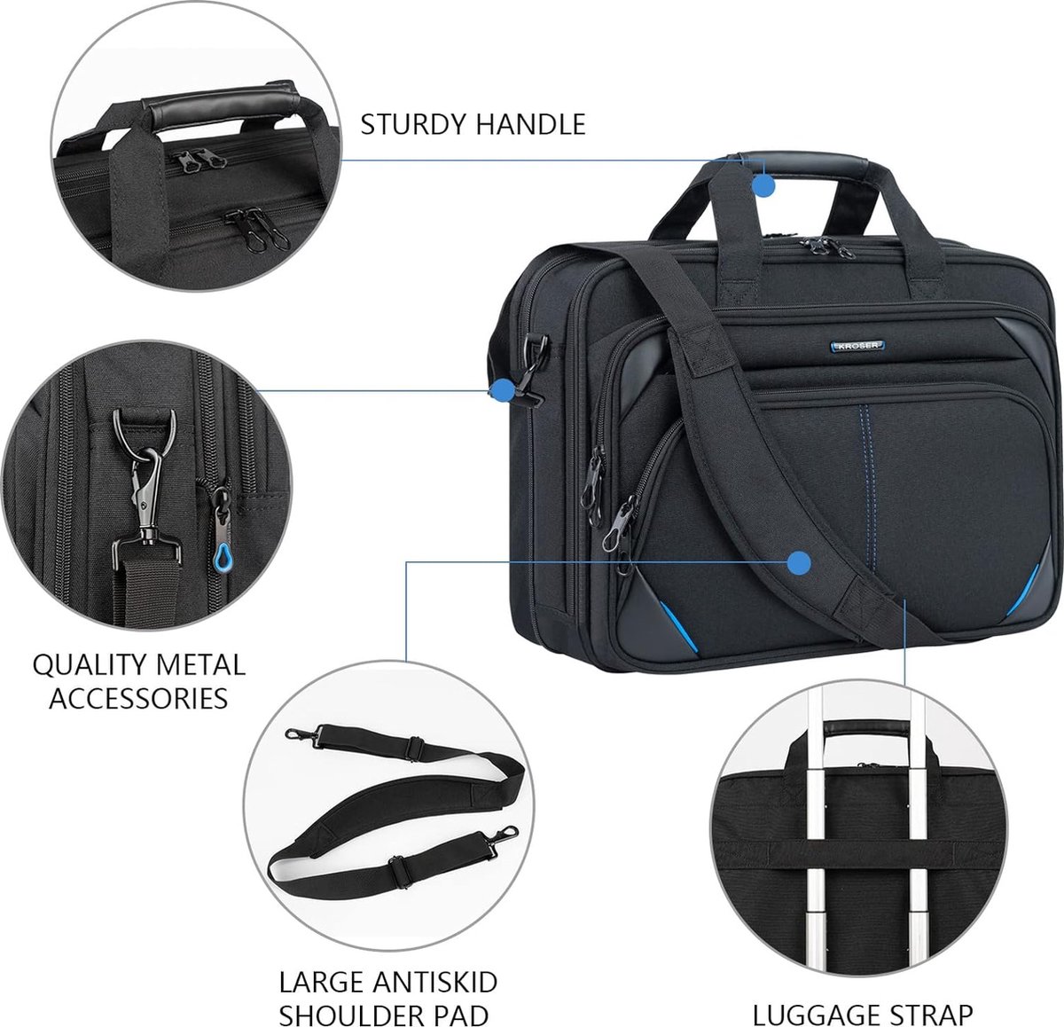 EMPSIGN Laptoptas 17,3 inch laptop aktetas voor mannen uitbreidbare waterafstotende schoudertas laptoptas computertas voor werk zaken, zwart