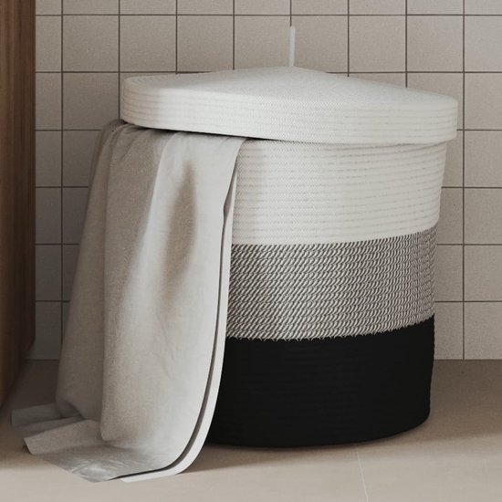 vidaXL - Opbergmand - met - deksel - Ø - 40x35 - cm - katoen - wit - en - zwart — afbeelding 2