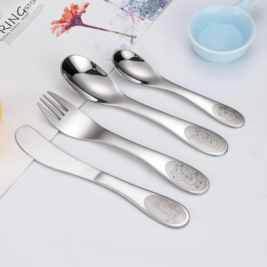 Set De Couverts Enfant HI NATURE - 4 Pièces Acier Inoxydable 18/10 - Fourchette, Couteau, Cuillère, Cuillère à Dessert