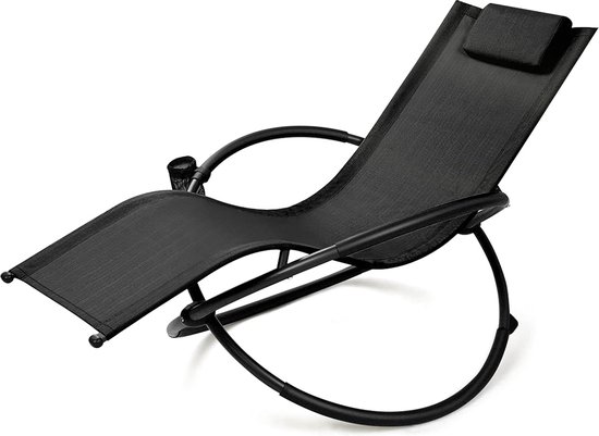 Inklapbare schommelstoel, ligstoel met afneembaar hoofdkussen, tuinligstoel van ijzer, relaxstoel met armleuning, met bekerhouder, tot 180 kg belastbaar, voor binnen en buiten (zwart)
