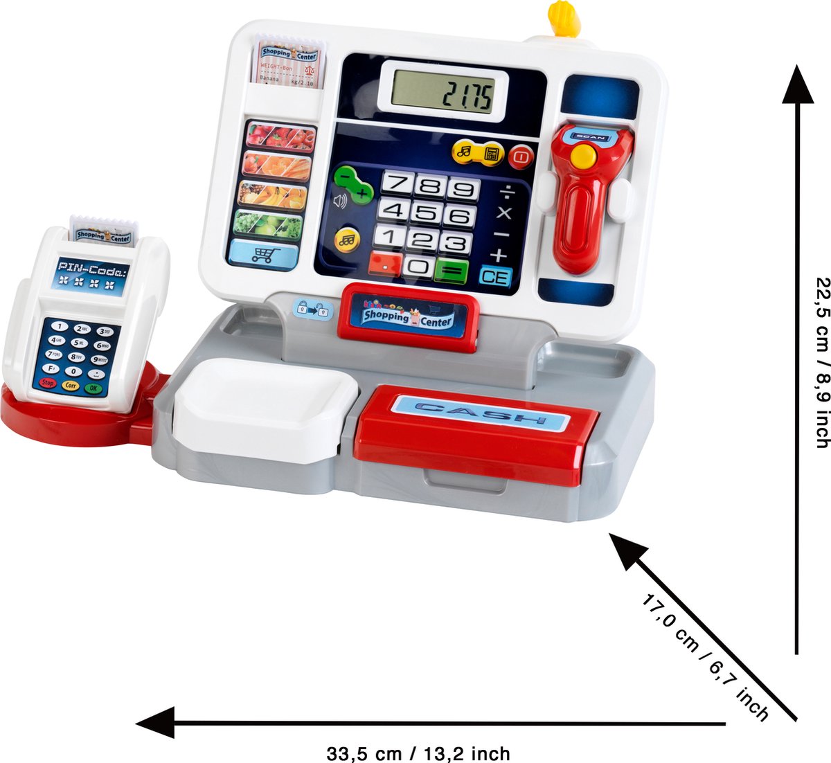 Klein Toys elektronische kassa - afneembare tablet, rekenmachinefunctie, scanner, kaartlezer en een kassa vol speelgeld - 33,42x16,83x22,33 cm - incl. soundbar - grijs rood — afbeelding 6