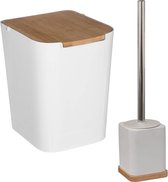 Badkamer/toilet accessoires set - WC-borstel in houder en prullenbak - wit - bamboe - 5 liter
