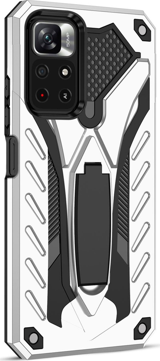 Mobigear Hoesje geschikt voor POCO M4 Pro 5G Telefoonhoesje Hardcase | Mobigear Armor Stand Backcover Shockproof met Standaard | Schokbestendig M4 Pro 5G Telefoonhoesje | Anti Shock Proof - Zilver