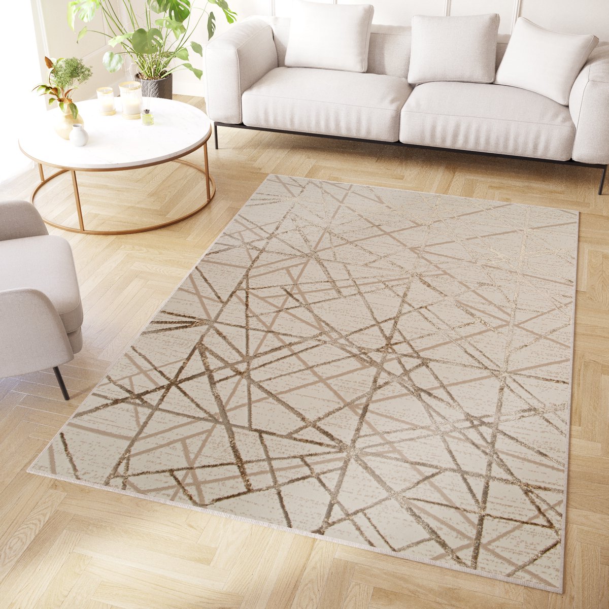 Tapiso Crystal Vloerkleed Beige Bruin Laagpolig Kleed Tapijt Maat- 120x170