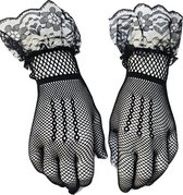 BamBella® Handschoenen van kant- Kort Zwart - onesize - Elastische Visnet handschoen festival | verkleden feest kleding
