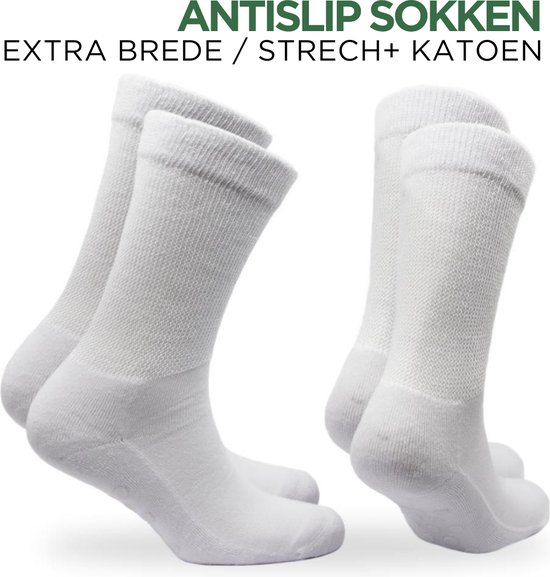 Norfolk - 2 paar - Antislip Sokken - Stretch+ Extra Wijde Sokken - Katoenen sokken met Demping - Anti-slip Sokken - Huissokken - Maat 43-46 - Wit - Rio Grip