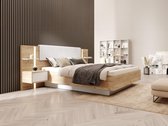 Bed met opbergruimte en nachtkastjes 160 x 200 cm - Met ledverlichting - Kleur: houtlook en wit + matras - ELYNIA L 256.4 cm x H 104.4 cm x D 210 cm