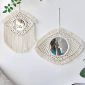 Miroir décoratif suspendu mural 2 pièces avec décoration murale en macramé à franges tissées, miroir mural boho blanc ivoire