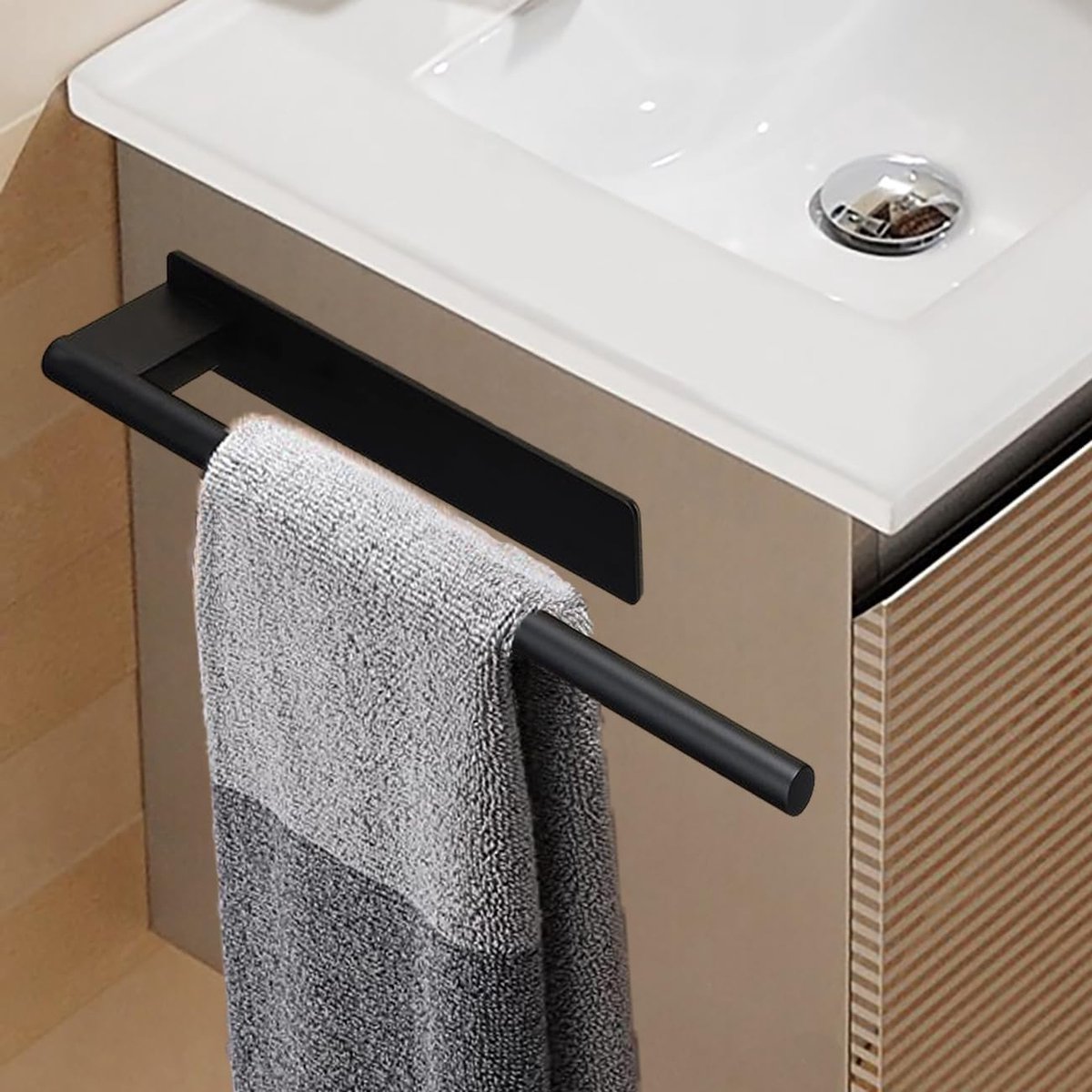 Handdoekhouder zonder boren, mat zwart, handdoekhouder, eenvoudig ontwerp, zelfklevende handdoekwandhouder voor badkamer keuken handdoekstang 39 cm