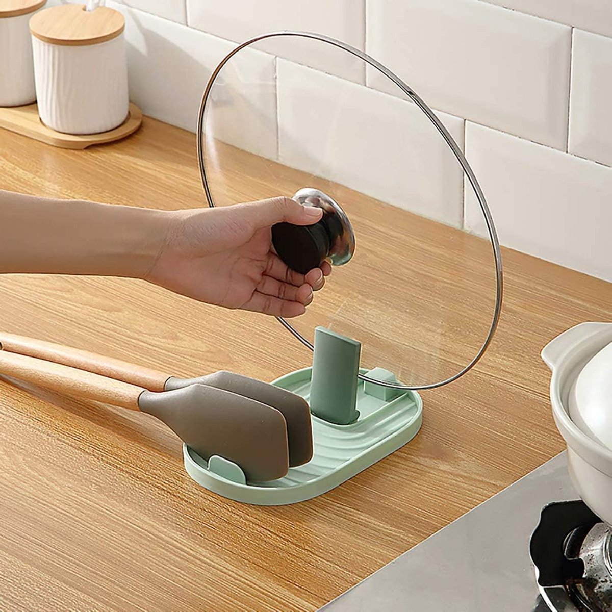 Générique Support Couvercle Casserole Avec Repose-CuillèRe, Repose CuillèRe Cuisine, Rangement Couvercle Casserole, Il Peut Contenir Deux Couvercles De Casseroles