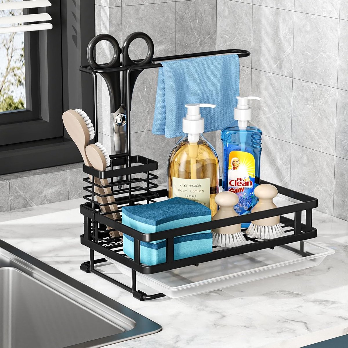 Goedkoopste Spoelbakorganizer, Roestvrijstalen Spoelbakorganizer met Druppelbak, Handdoekhouder voor Keuken & Badkamer, Verwijderbare Keukengerei, Sponsenhouder, Keukenorganizer, Sponsenborstelhouder