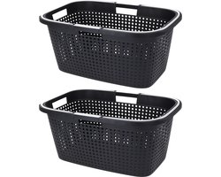 Excellent Houseware Wasmand - 2x - antraciet grijs - 38L - kunststof - 60 x 40 x 26 cm