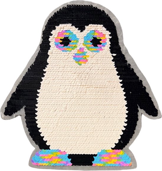 Foto: Pingu n reversible paillette op naai xl patch 21 cm 23 3 zwart wit roze oranje