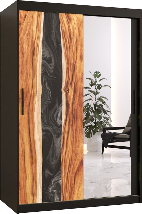 Zweefdeurkast met spiegel Kledingkast met 3 schuifdeuren Garderobekast slaapkamerkast Kledingstang met planken (LxHxP): 120x200x60 cm - Natural II (Zwart, 120) met lades